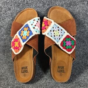 Muk Luks Sandals Women Size 8 Brown Suede Crochet Granny Square Boho Cottage
